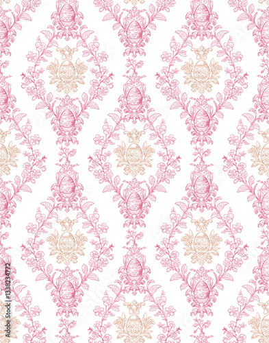 Easter Eggs Spring Elegant Seamless Rococo Floral Pattern for Fabrics, Wallpapers and Packaging
