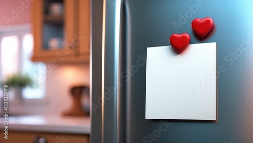 Vintage picture tone of blank paper sheet on refrigerator door. Note paper with magnetic hearts. Send text message. photo