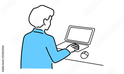 パソコンを使用している男性の後ろ姿のイラスト
