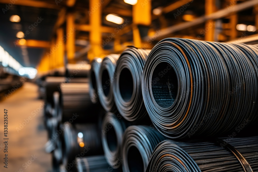 Obraz premium Steel wire rod coils stacked in warehouse, storing metal rolled wire in distribution center
