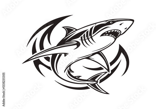 Tribal Shark Tattoo – Black and White Vector Illustration with Bold Tribal Elements