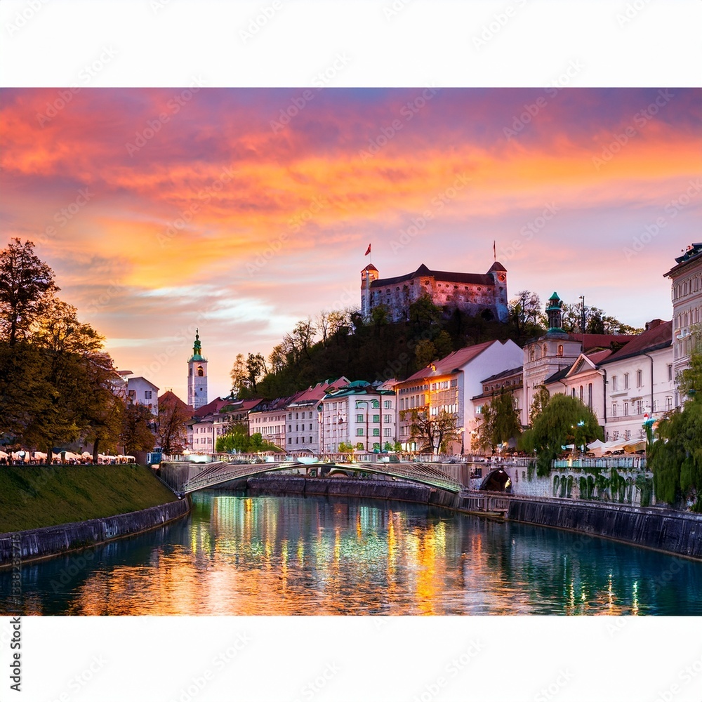 A stunning evening view of Ljubljana with its riverfront, Triple Bridge, and the illuminated Ljubljana Castle. A stunning evening view of Ljubljana with its riverfront, Triple Bridge, and the illuminated Ljubljana Castle.