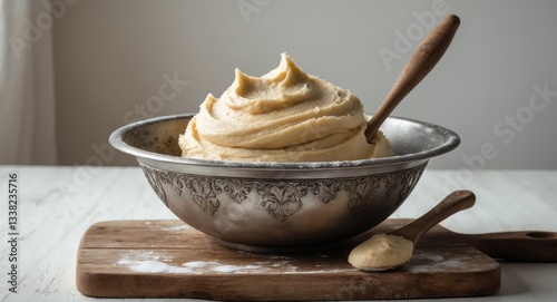 Mixed dough in the metal bowl positioned against a white backdrop.