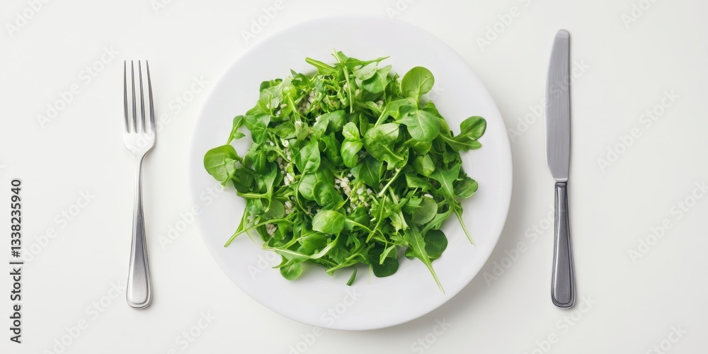 Fresh Salad Plate: An overhead view of a fresh, vibrant green salad, elegantly arranged on a simple white plate, accompanied by a fork and knife, offering a healthy and appetizing culinary image. Fresh Salad Plate: An overhead view of a fresh, vibrant green salad, elegantly arranged on a simple white plate, accompanied by a fork and knife, offering a healthy and appetizing culinary image.