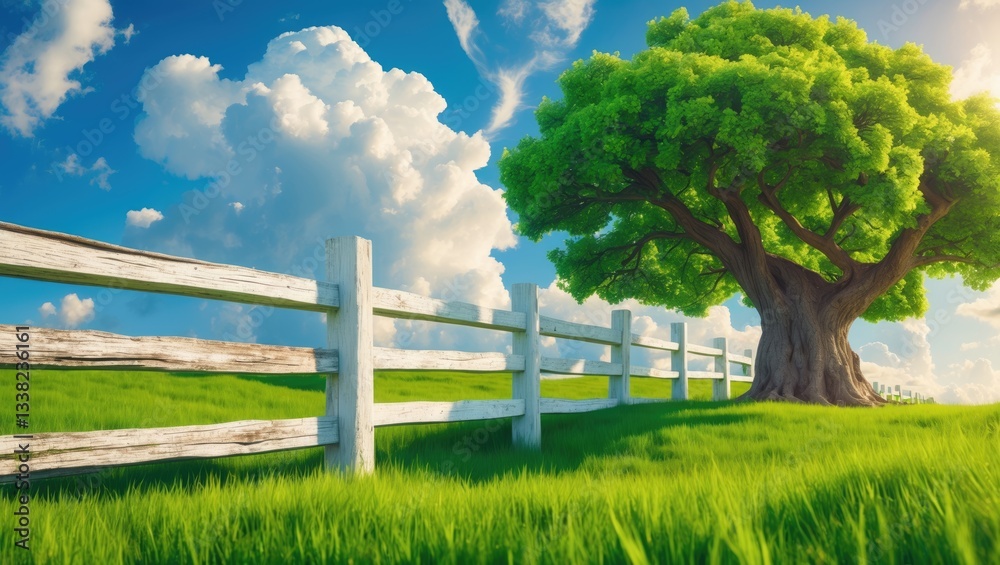 Fototapeta premium Wooden fence and lush grass outdoors, banner layout.
