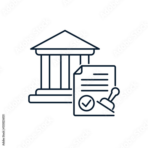 Bank building, document, seal. Credit concept, legal document. Vector linear icon isolated on white background.