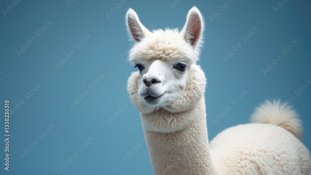 Fototapeta premium Alpaca in white color against a blue background