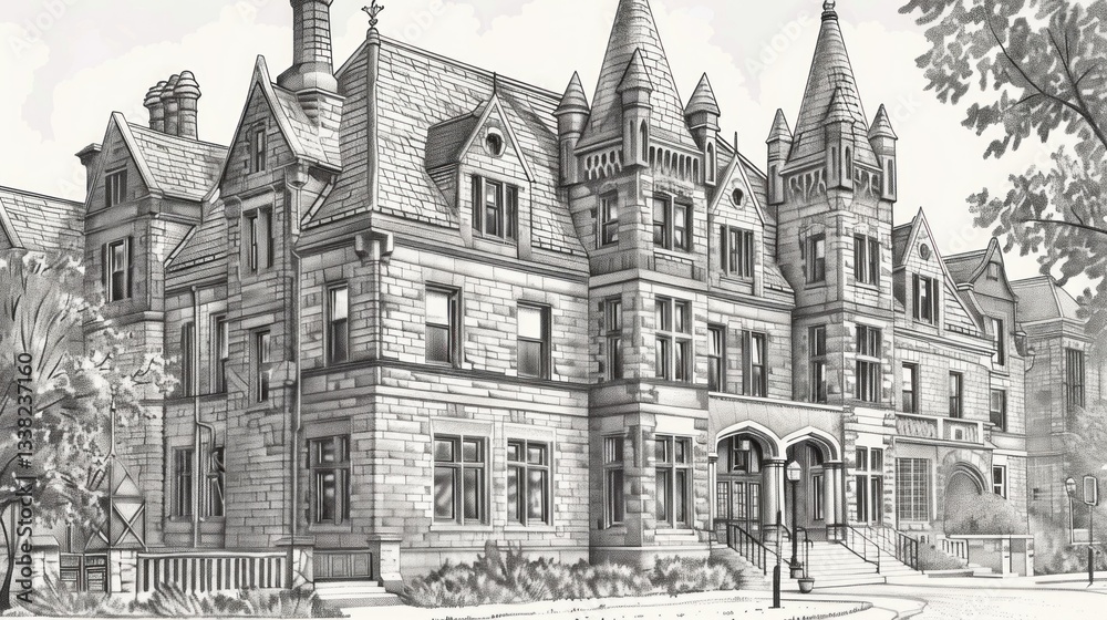 Fototapeta premium Engraving of a historic university building with intricate architectural details. stock photo --ar 16:9 --style raw --v 6 Job ID: f9035ac9-1099-4afa-ba1f-b5432bf3ce27
