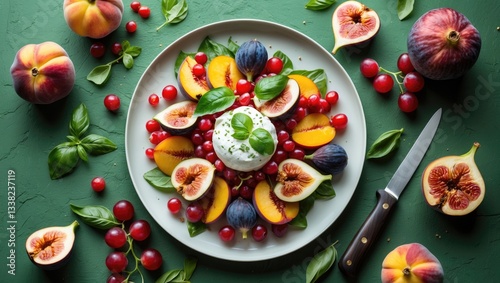 Wallpaper Mural Vegan summer salad featuring burrata cheese, fresh peaches, white currants, tomatoes, figs, olive oil, and basil leaves on a green backdrop. Healthy salad presented from above. Torontodigital.ca