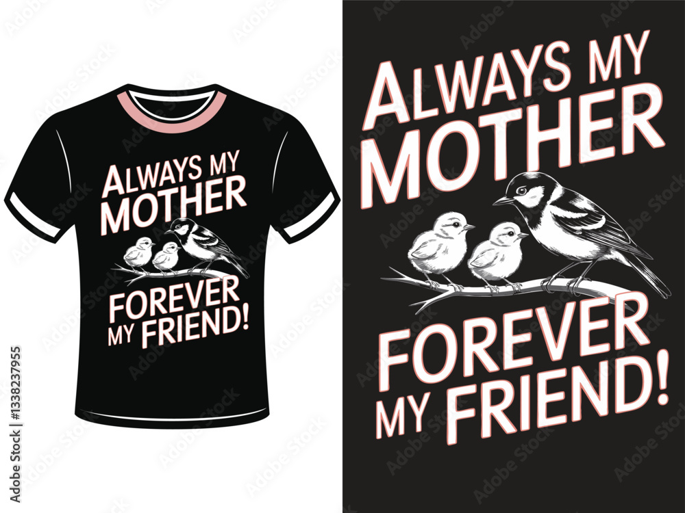 This design features a black t-shirt with a graphic of a mother bird and her chicks on a branch This design features a black t-shirt with a graphic of a mother bird and her chicks on a branch