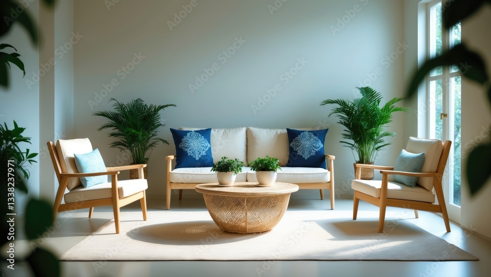 Fototapeta premium Blurred background of tranquil living room showcasing light wooden furniture, soft accents, and vibrant greenery, fostering a cozy and warm ambiance.