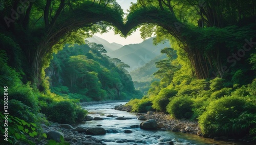 A heart-shaped opening in the thick foliage of trees. The river flowing towards the cliff. Sunlight illuminating the mountains. The idea of a love for nature and enthusiasm for travel.