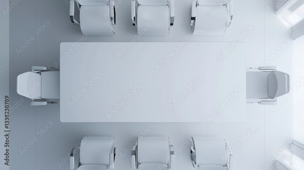 a top view on a meeting room - coworking space - an empty white office table desk with chairs against white floor. Copy space for text or product showcase