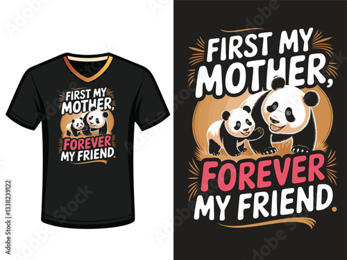 A black t-shirt design featuring a heartwarming image of a panda mother and baby