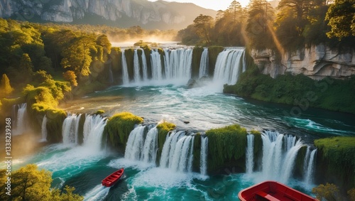 Royalty free high quality aerial view of a waterfall. Aerial perspective. photo