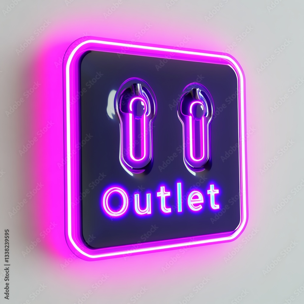 Neon outlet sign, illuminated with pink glow, modern design on white background. Neon outlet sign, illuminated with pink glow, modern design on white background.