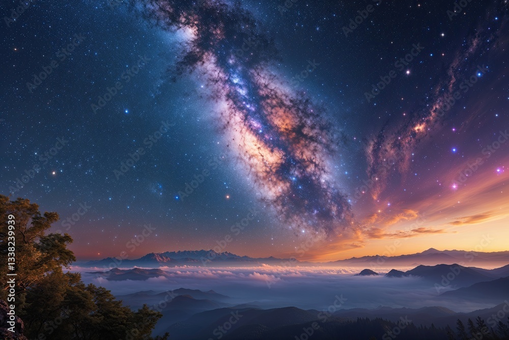 Naklejka premium Vibrant Milky Way Galaxy Under a Serene Sky: Captivating Space Journey Filled with Starlight and Cosmic Dust