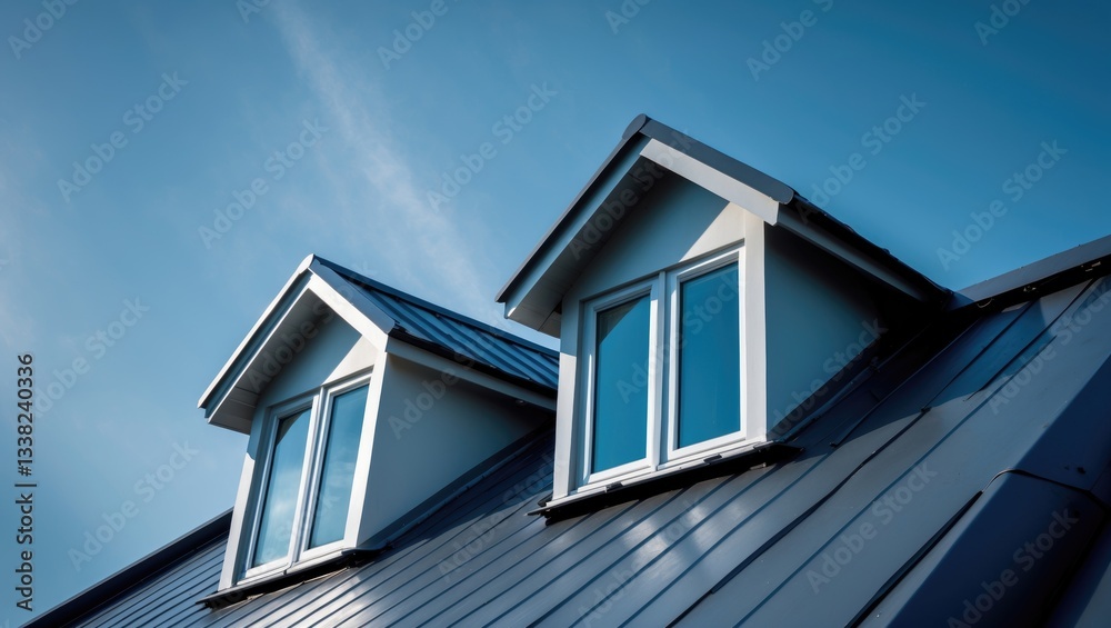 Two windows on a rooftop with a blue sky in the background. The rooftop features a metal design and is slanted. Two windows on a rooftop with a blue sky in the background. The rooftop features a metal design and is slanted.