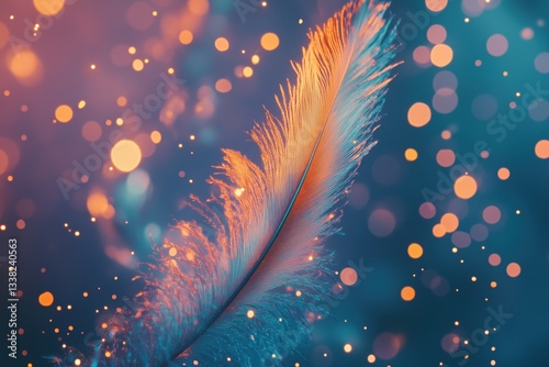 A vibrant feather against a blurred bokeh backdrop, showcasing intricate details and colors.