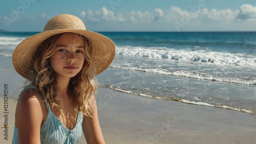 Wallpaper Mural A woman on vacation, sitting in a swimsuit and a wide-brimmed straw hat on the beach on a sunny day and looking at the sea. Torontodigital.ca