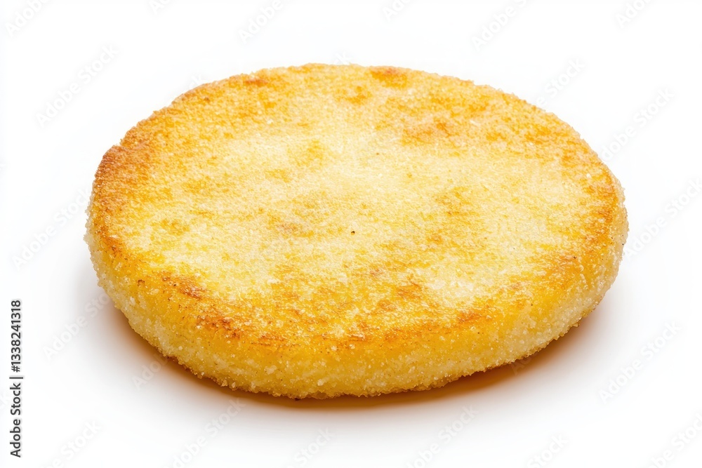 Close up culinary masterpiece of a delightful golden arepa on a plain white background studio shot Close up culinary masterpiece of a delightful golden arepa on a plain white background studio shot