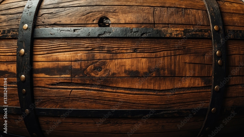 Fototapeta premium Vintage brown barrel wooden planks texture in close-up, featuring scratches and black stains on the aged oak barrel's grain.