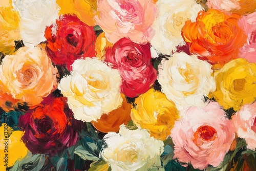 A vibrant arrangement of roses in various colors, showcasing their beauty and texture.