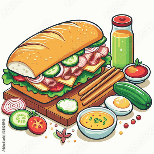 bread, baguette, meal, meat, fresh, food, background, cucumber, carrot, lunch, cuisine, coriander, sandwich, asian, traditional, vietnamese, pork, vietnam, sliced, closeup, cilantro, vegetable, street