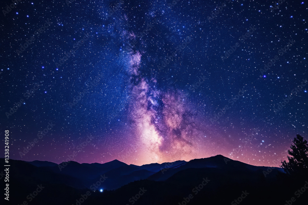  Starry night sky with Milky Way and observatory silhouette on horizon