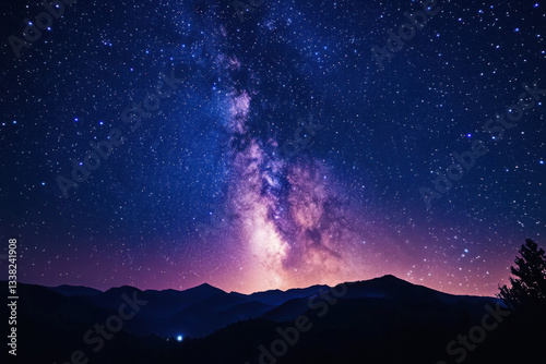  Starry night sky with Milky Way and observatory silhouette on horizon