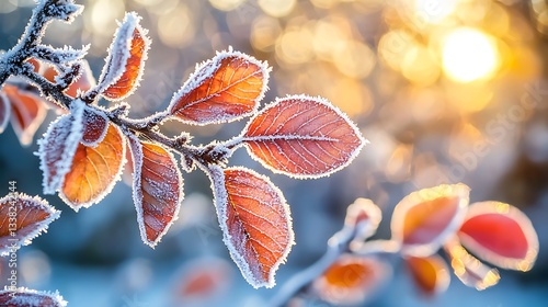 Frost Covered Autumn Leaves Winter Nature Background