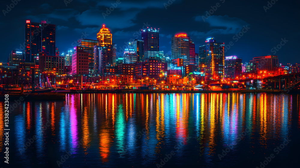 Fototapeta premium Vibrant Cityscape Night Reflection Colorful Skyscrapers Waterfront Illumination