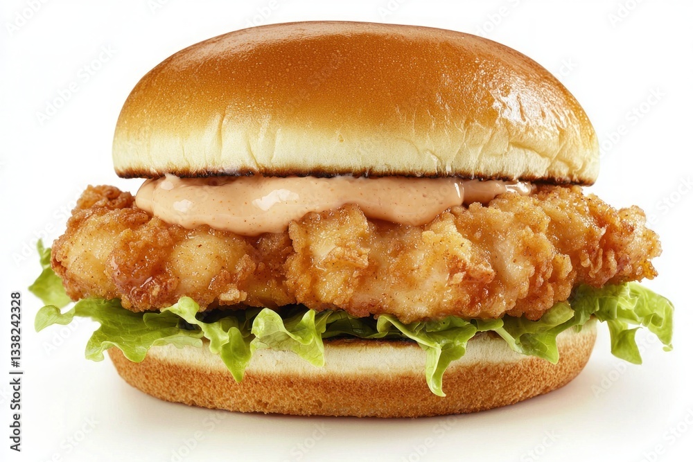 Delicious crispy chicken burger with fresh lettuce and tasty sauce on a sesame bun against white background Delicious crispy chicken burger with fresh lettuce and tasty sauce on a sesame bun against white background