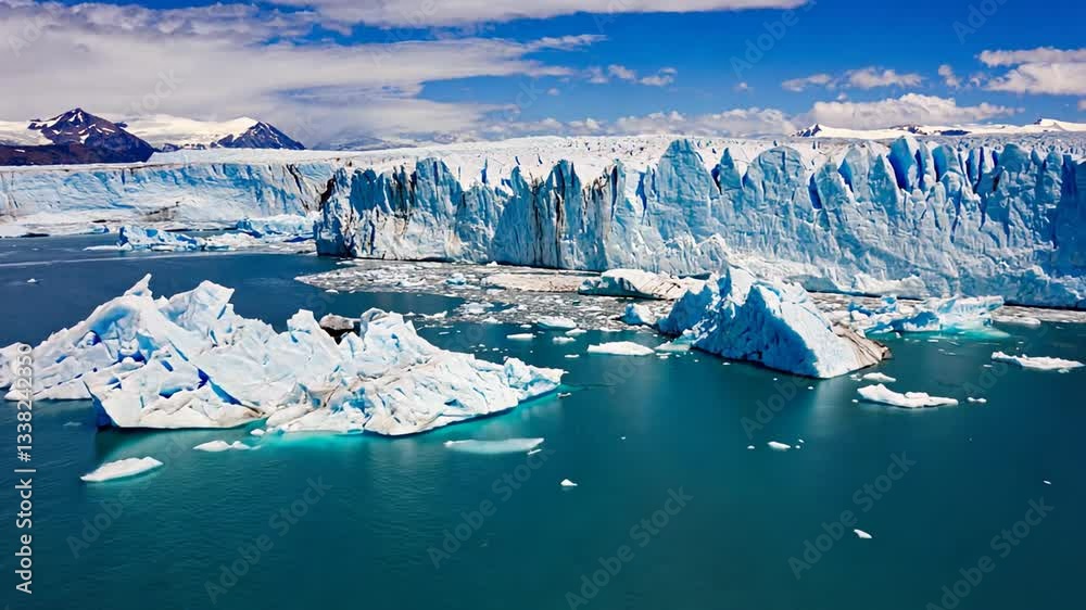 Aerial view of glaciers icebergs, forward flying drone shot