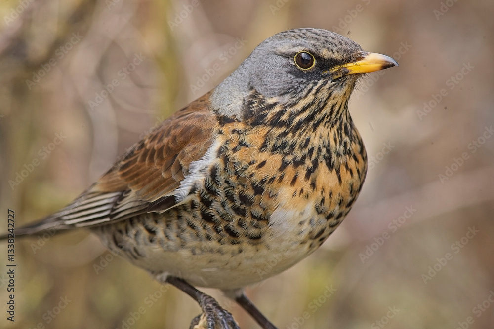 Fototapeta premium Fieldfare (Turdus pilaris) male perched in a Cambridge garden, UK.
