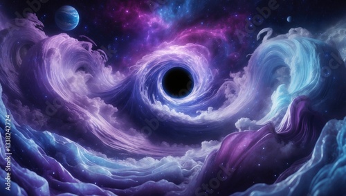 Black hole, science fiction wallpaper. The allure of deep space. Vibrant graphics for background, resembling water waves, clouds, night sky, universe, galaxy, planets.
