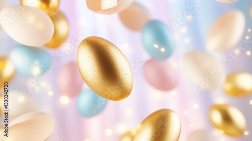 Floating Golden And Pastel Eggs With Soft Focus Effect