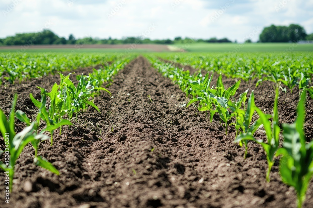 A close-up of a no till field with diverse plant growth and rich soil structure