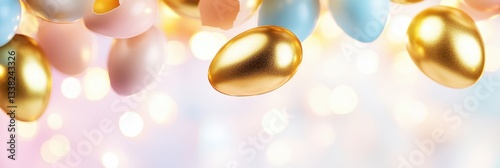 Golden Eggs With Pastel Colors And Glowing Background