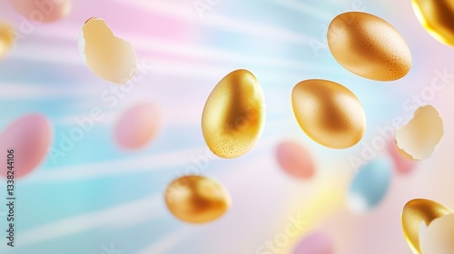 Dynamic Golden Eggs In A Whimsical Pastel Scene