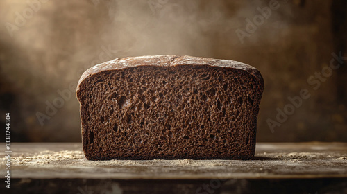 Rustic whole grain dark bread with seeds, sliced on wooden board photo