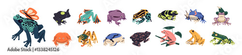 Different tropical frog species set. Patterned venomous toads, poisonous froggies, cute froglets on leaves. Exotic amphibians of rainforest. Flat isolated vector illustrations on white background.