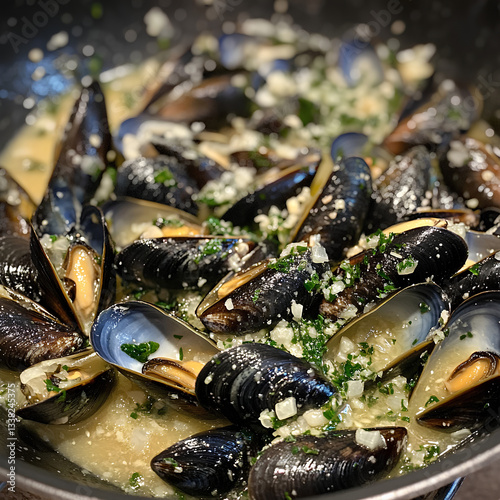 Delicious Mediterranean-Style Mussels with White Wine and Garlic - Gourmet Seafood Dish – Mussels with Butter Sauce and Baguette photo