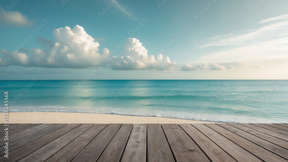 Fototapeta premium The blurred serene sea backdrop with a wooden floor in the foreground at the horizon of a tropical sandy beach; a relaxing outdoor vacation with a heavenly perspective at a resort deck under sunlig...
