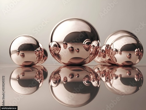 Elegant composition of reflective rose gold spheres with mirrored surfaces, creating a luxurious and modern aesthetic with symmetry, depth, and intricate reflections