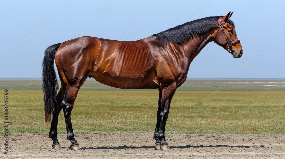 Majestic Bay Horse Standing Gracefully in Open Meadow Landscape Majestic Bay Horse Standing Gracefully in Open Meadow Landscape