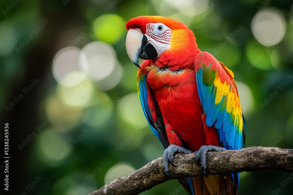 Obraz premium Scarlet macaw perching on branch in lush green forest
