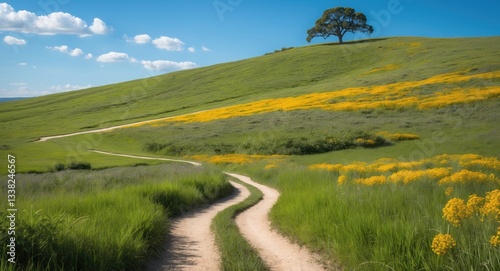 Empty path at County Park and Open Space Preserve, rural nature area featuring 25 miles of hiking trails, along with an operational farm and a model airplane launch site. photo