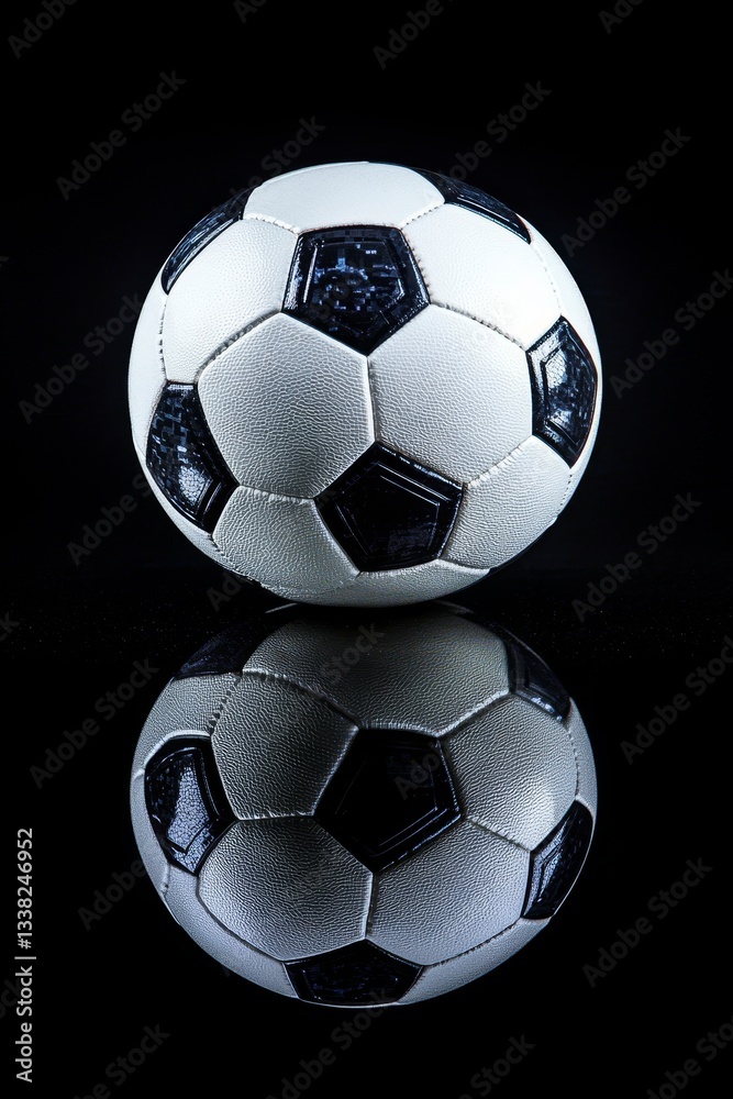 Fototapeta premium Classic Black and White Soccer Ball on a Reflective Black Background, Perfect for Sports Photography