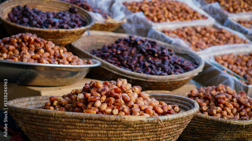 Obraz premium Various types of dates displayed in woven baskets and metal trays at an outdoor market, showcasing different shades and textures.
